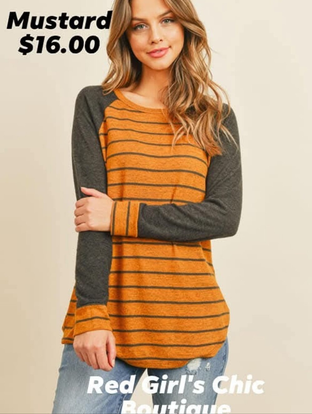 Stripe Long-Sleeve Raglan Top - Mustard/Charcoal - NEW